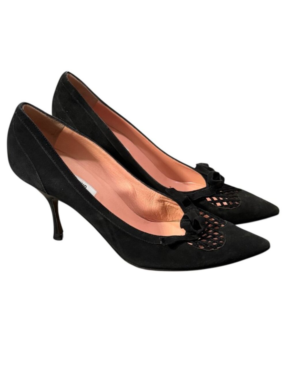 Moschino Black Suede Pumps Lattice Pointed Toe Bow Heels Sz 8 8.5 No Size Stamp